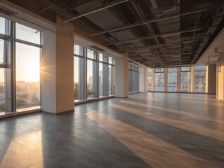 A large open room with a lot of windows. The sun is shining through the windows. The room is empty