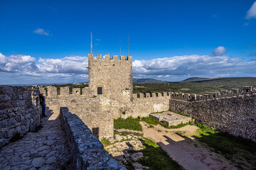 Moorish Sesimbra castle with walls and wall walk in Sesimbra, Portugal