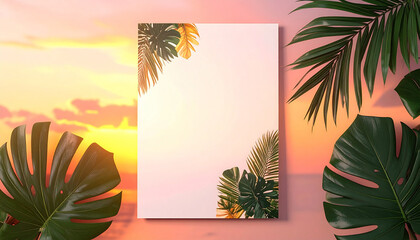 Tropical leaves frame a blank canvas against a vibrant sunset background, perfect for design.