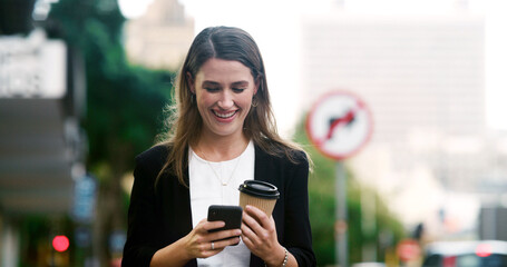 Business woman, phone and happy in city, texting or notification for good news on commute with...