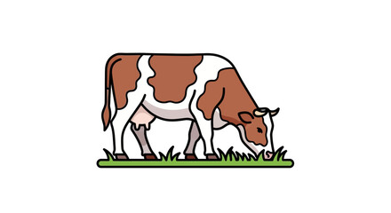 Grazing Goodness: A Cute Cartoon Cow Contentedly Chewing on Lush Green Grass Illustration