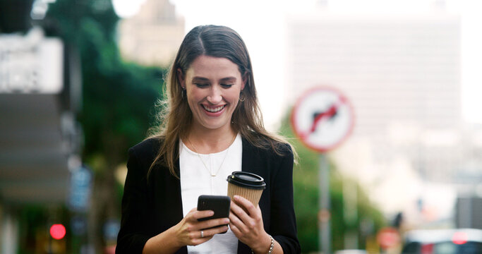 Business woman, phone and happy in city, texting or notification for good news on commute with coffee. Person, smile and smartphone with chat on mobile app, drink or social media on road in Argentina