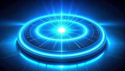 A vibrant, futuristic digital platform with glowing blue energy and light effects.