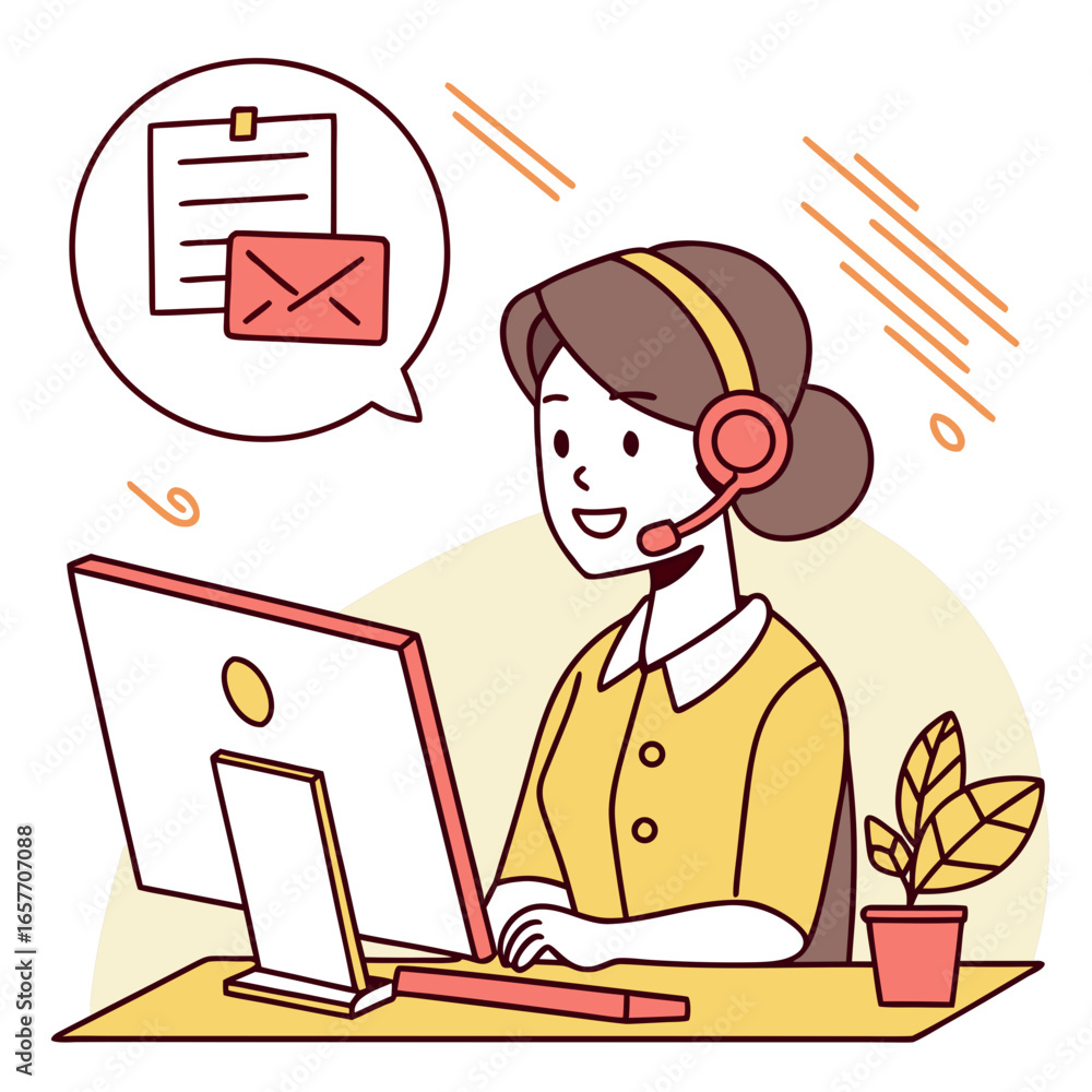Poster cheerful agent with headset at computer customer service