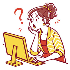 Cartoon woman confused by computer screen technology