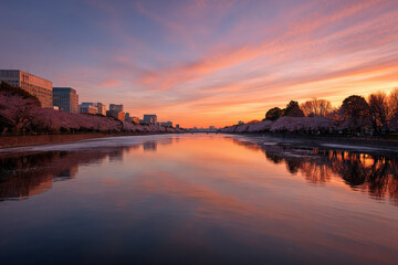 Fototapeta premium experience enchanting sunset over tokyo urban park where nature and city life harmoniously blend