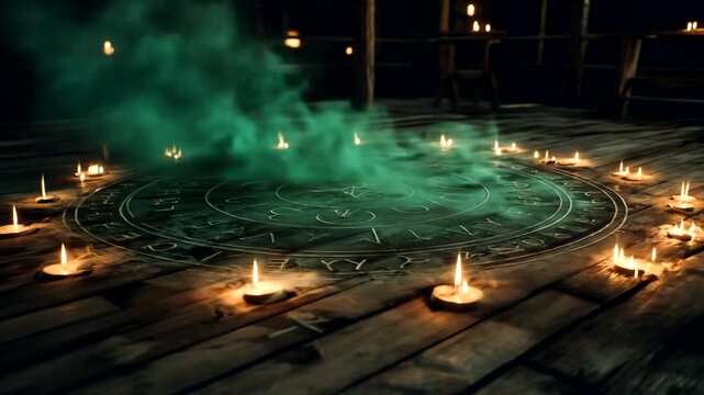 Mysterious circle of candles and cryptic symbols, enveloped in swirling emerald smoke, illuminates a rustic wooden floor.