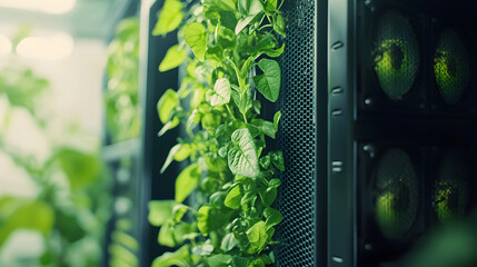 Sustainable tech innovation with lush vertical gardens integrated into modern data center infrastructure.