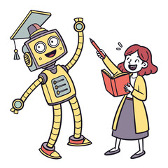 Cheerful robot with graduation cap and woman with book