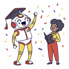 Cheerful robot celebrates graduation with a book cheering