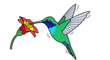 Obraz premium Stylized Depiction of a Hummingbird Gathering Nectar from a Vibrant Red and Yellow Flower Artwork