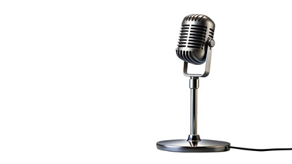 A vintage silver microphone on a stand, isolated on a transparent background, representing classic audio recording and performance