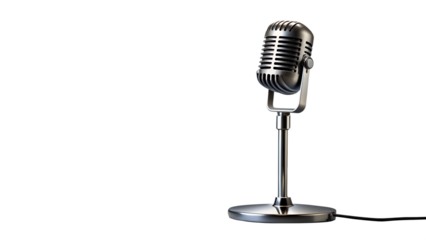 A vintage silver microphone on a stand, isolated on a transparent background, representing classic audio recording and performance