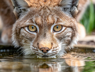 Naklejka premium Wild Lynx Portrait Closeup: Curious Feline Eyes, Beautiful Fur, Alert Predator in Natural Forest Habitat, Wildlife Conservation, Ecosystem Coexistence, Outdoor Savage Mammal Behind Reflection Water