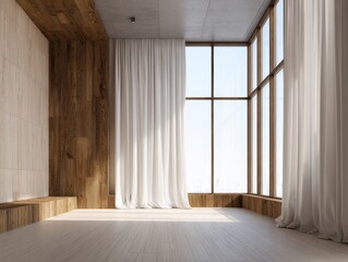 A large room with a window and white curtains. The curtains are open and the room is empty