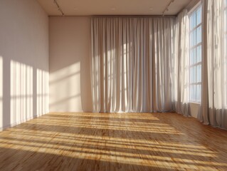 Obraz premium A room with a large window and white curtains. The curtains are open, letting in sunlight. The room is empty and has a wooden floor