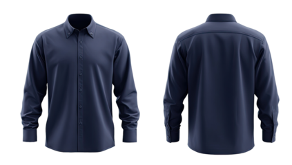 Dark navy blue long-sleeved button-down shirt, front and back views