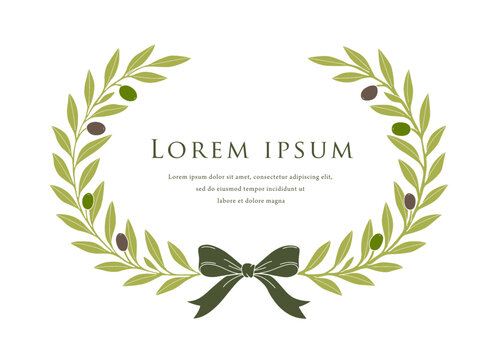 Olive wreath frame with ribbon, elegant botanical illustration
