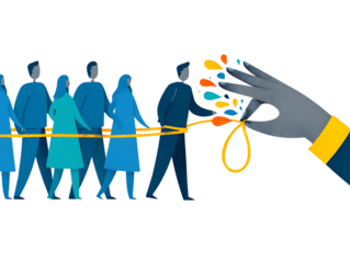 Diverse group of people holding a yellow rope with a large hand tying a knot isolated on a transparent background