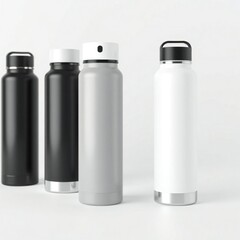 Modern sleek stainless steel water bottles in black gray and white