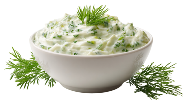 Creamy white dip with fresh herbs in a bowl garnished with dill sprigs isolated on transparent background