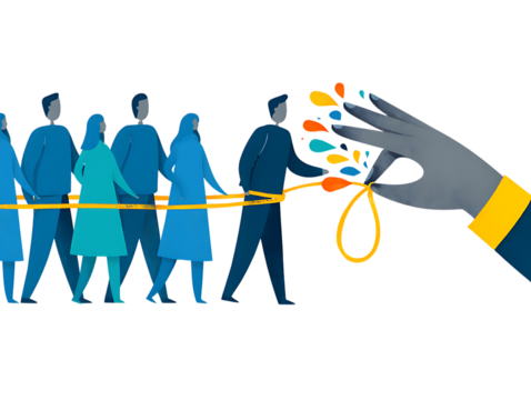 Diverse group of people holding a yellow rope with a large hand tying a knot isolated on a transparent background