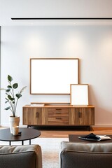 Modern living room with wooden credenza and blank picture frames