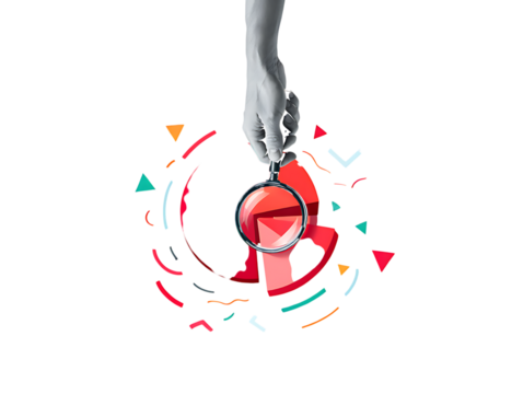 Hand holding magnifying glass over abstract red shape with colorful geometric elements isolated on a transparent background - Powered by Adobe