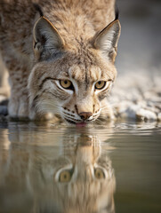 Fototapeta premium Lynx Cat Wildlife Predator Nature Reflection Water Closeup Feline Agility Ears Eyes Alert Forest Meadow Habitat Carnivore Silent Outdoor Balance Macro Photography Trends 