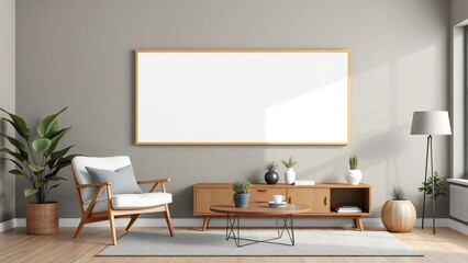 Modern living room with empty frame and mid century furniture