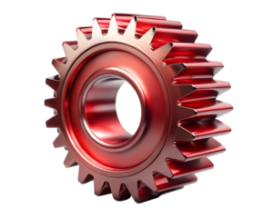 Red metallic gear cog isolated on transparent background, representing mechanical engineering, industry, technology, and the power of machinery