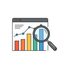 A flat vector illustration of a web analytics dashboard featuring a bar chart, a pie chart, and an upward arrow with a magnifying glass highlighting the data.