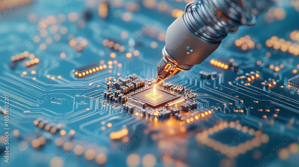 Poster fine tip of soldering tool connects to glowing computer chip on intricate blue circuit board with wa