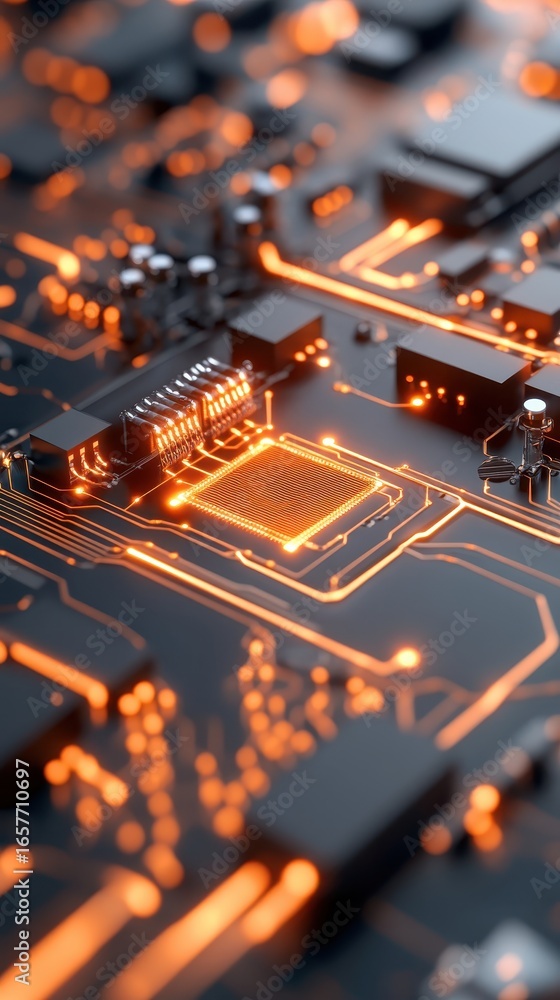Poster abstract glowing circuit board pathways with illuminated microchips and electronic components in clo