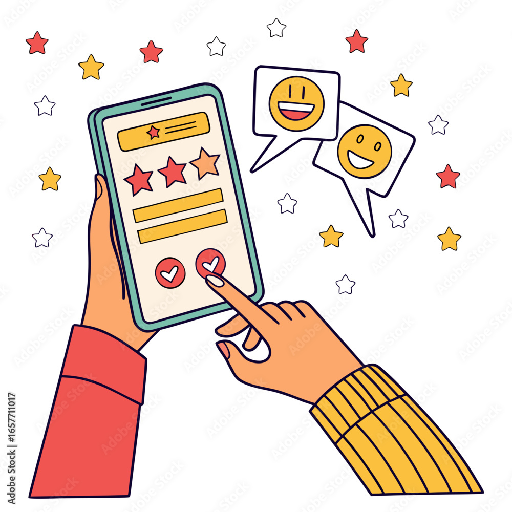 Poster hands rating phone with stars and smiles vector