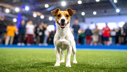 Enthusiastic Jack Russell Terrier exhibiting canine prowess at a vibrant dog show atmosphere