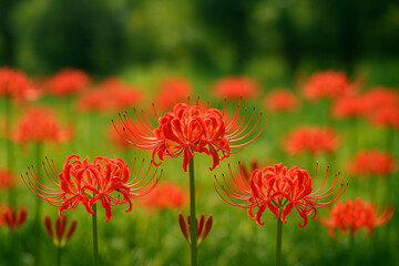 Vibrant red red spider lily flowers on bokeh background, autumn season flowers