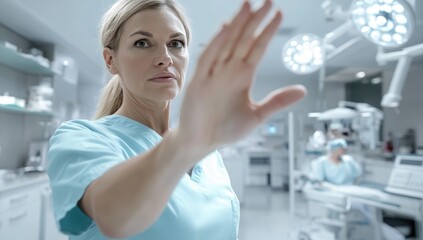 A healthcare professional in light blue scrubs stands in a modern clinic, raising their hand in a stop gesture