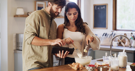 Kitchen, guide or couple on tablet for baking recipe method, lunch or mixing in home together....