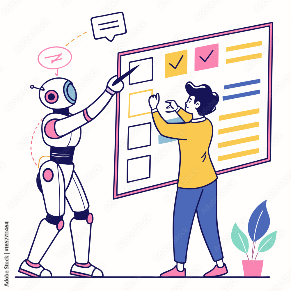 Poster human and robot collaborating on a project board collaboration