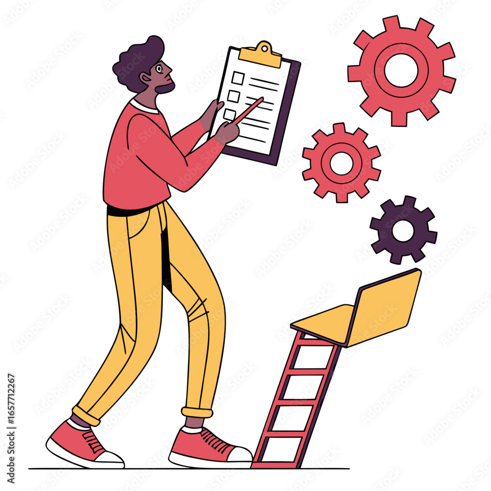 Poster man checking list with gears and laptop checklist clipboard