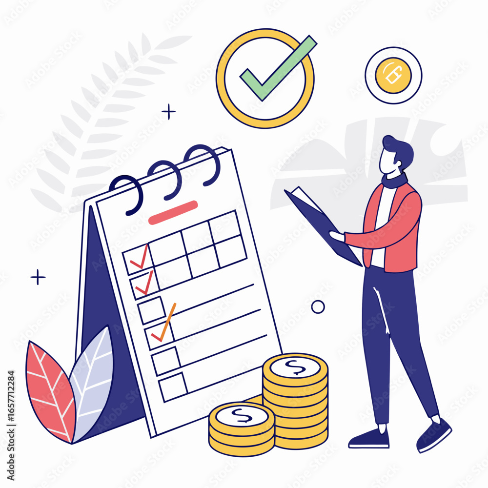 Poster man checking calendar with coins and checklist money