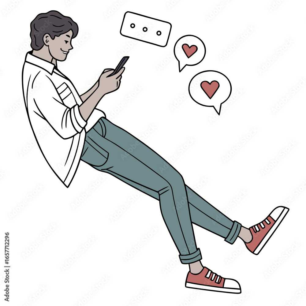 Poster man checking phone with hearts and message bubbles