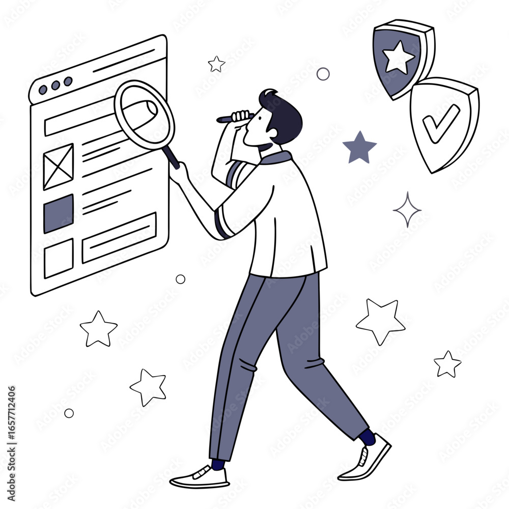 Poster man examining web page with magnifying glass search