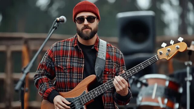 Man playing electric bass guitar outdoors with microphone and speaker in background