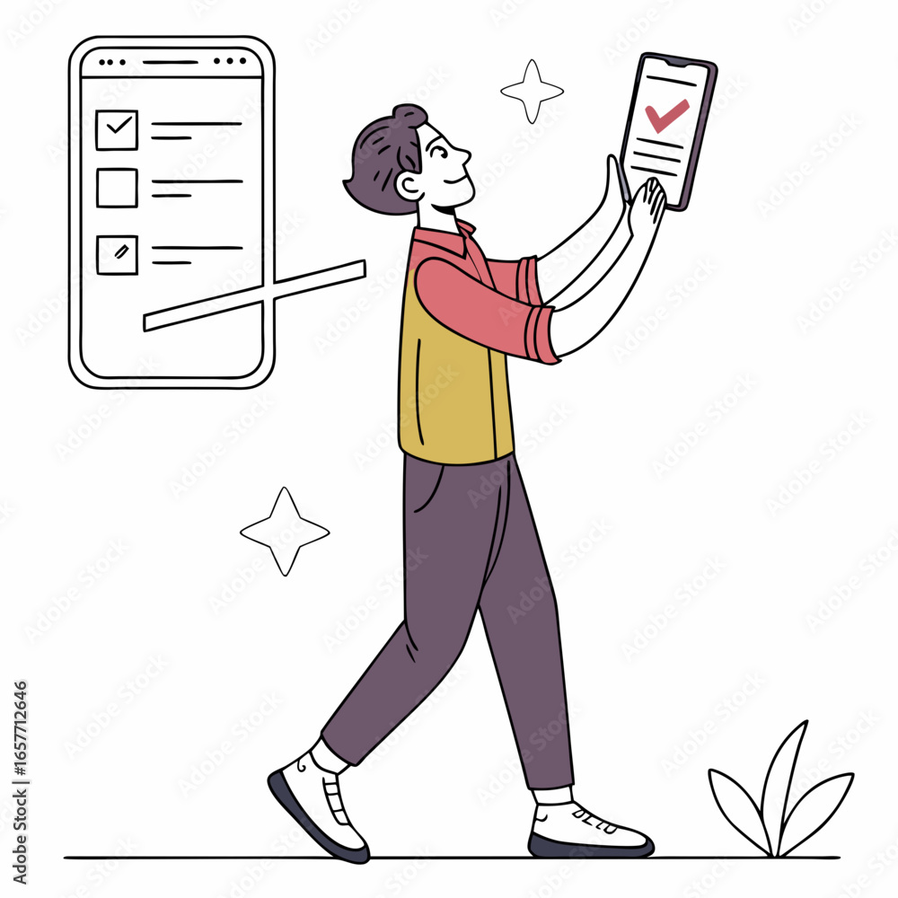Poster man holding phone showing checklist and checkmark mobile