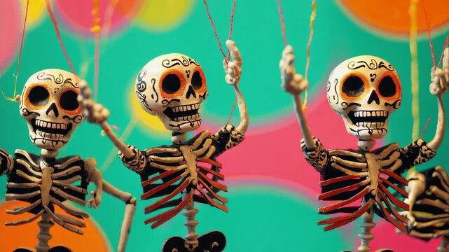 Dancing skeletons rise celebrating festivity with colorful balloons against vibrant background