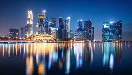 Fototapeta premium Nighttime cityscape view of Singapore with illuminated skyscrapers reflected in the calm water.