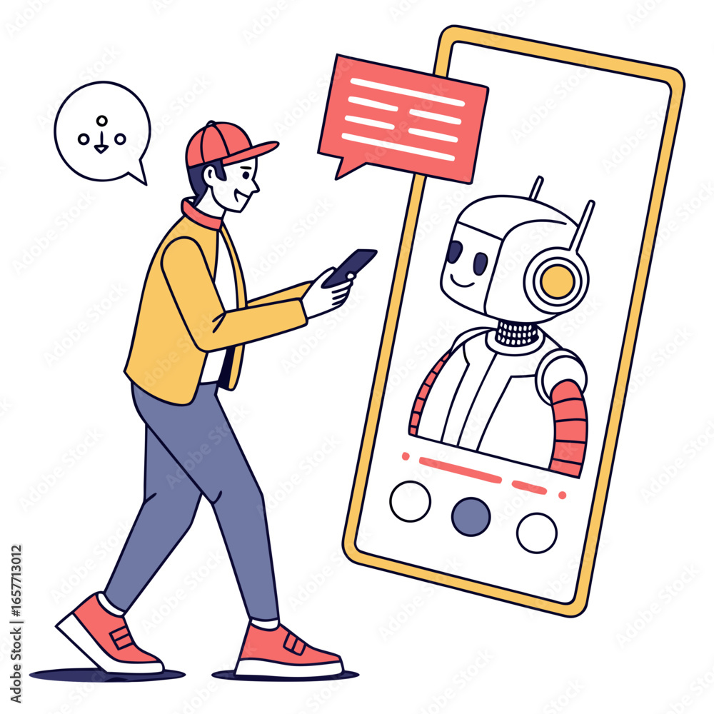 Aufkleber man interacting with robot on phone technology communication