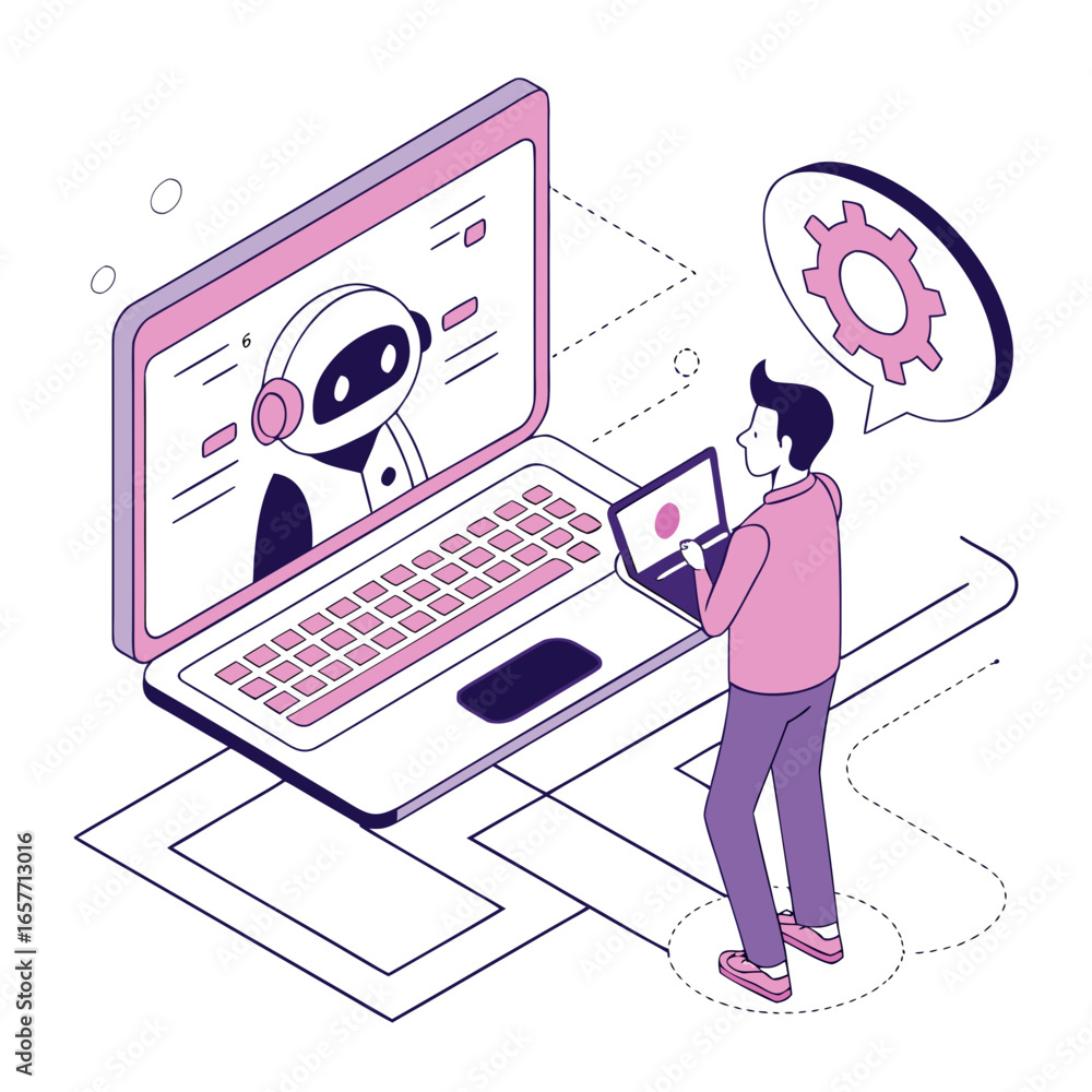 Poster man interacting with robot on laptop chatbot